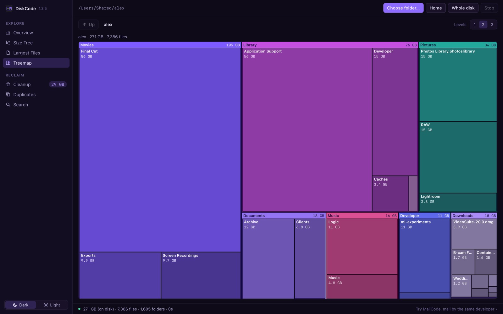 DiskCode's treemap of a sample home folder, with Movies, Library and Pictures as the largest tiles.